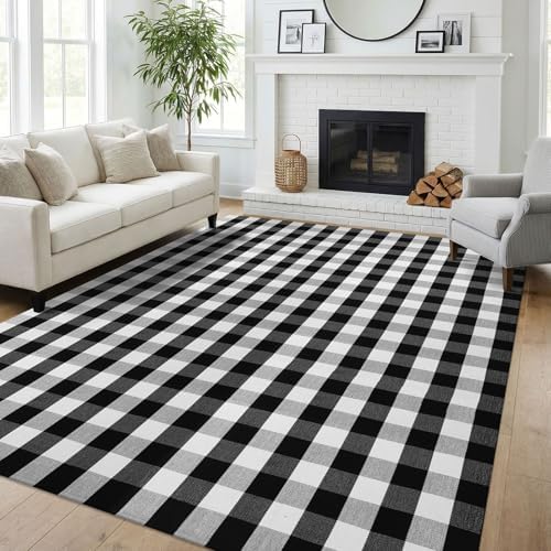 KILOCOCO Buffalo Plaid Checkered Rug 7.5x10 ft Black White Living Room Rug by Kilococo