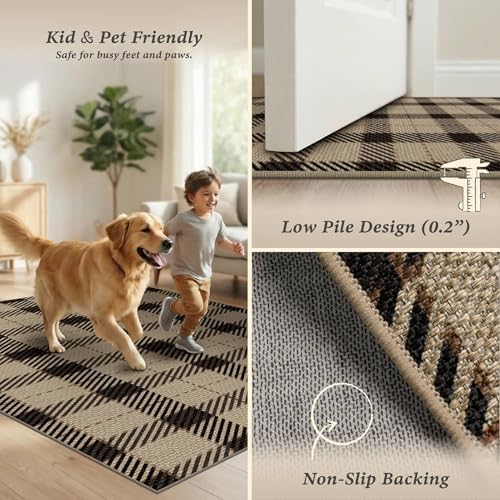 JTJ Easy Jute 2x3 Entryway Rug, Washable Non Slip Black & Beige Plaid - Image 5