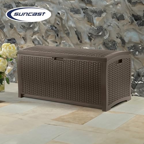 Suncast 99 Gallon Plastic Wicker Deck Box Container Storage - Image 4