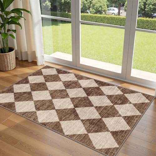 Brown Beige Checkered Entry Rug by Othilic