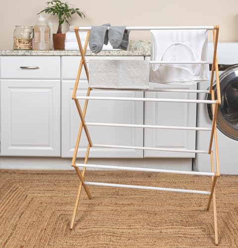 Household Essentials Bamboo Folding Clothes Drying Rack | White Finish - Image 2