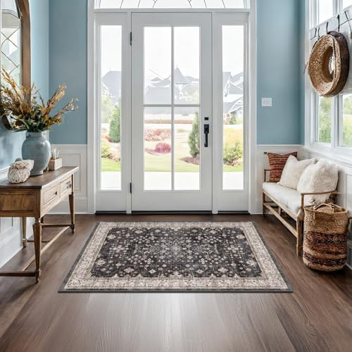 Black Boho Washable Entry Rug, 3x4 Rugs by HazoHaus