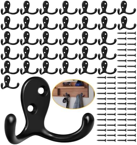 Homanu 34 Pack Black Coat Hooks Wall Mounted Double Prong by Homanu