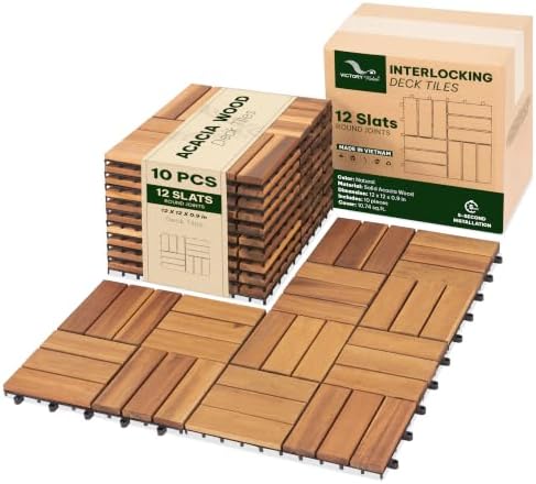Acacia Interlocking Deck Tiles, 12 Slats, Honey Oak by VICTORYRELAX