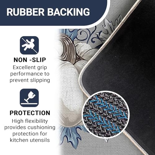 Fall Blue White Pumpkin Kitchen Rugs Set of 2 - Image 4