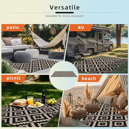 Favoyard Outdoor Rug Black & Beige 5x8 ft Waterproof Reversible Carpet Mat - Image 6