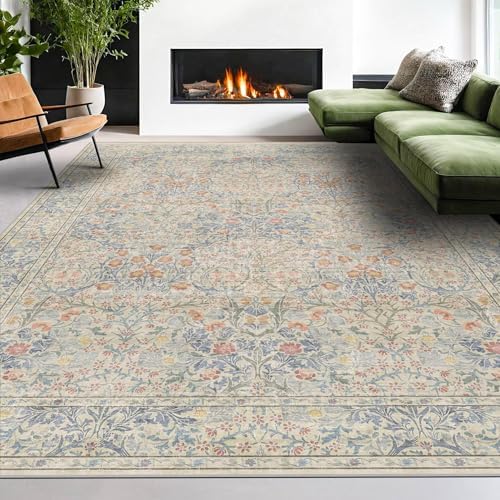 Hazo Haus Washable Beige Blue 8x12 Large Area Rug by HazoHaus