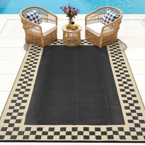 Outdoor Rug 8x10 Waterproof Patio Rugs Modern Checkered Reversible Mat - Image 3