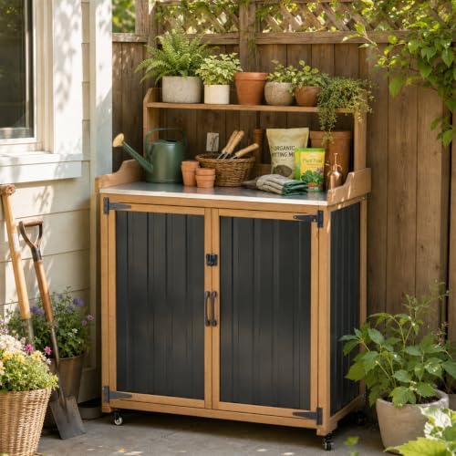 PetsCosset Potting Bench with Storage, Mobile Outdoor Cabinet with Wheels by PETSCOSSET