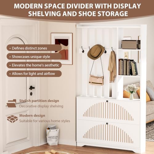 Narrow Hall Tree with Storage, Modern Entryway Coat Rack with Shoe Cabinet - Image 3