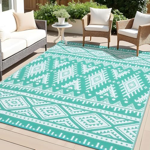 OLANLY Outdoor Rug 9x18 ft Waterproof Reversible Mat, Turquoise & White by OLANLY