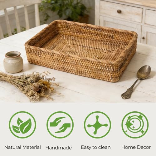 Large Rattan Serving Tray, Rectangle Wicker Storage Basket - Image 5