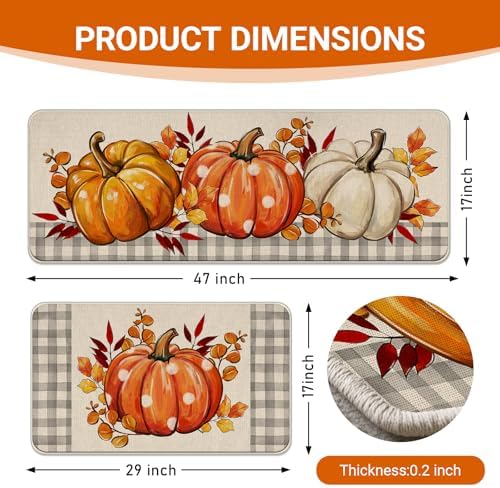 Fall Pumpkin Kitchen Rugs Set of 2, Autumn Thanksgiving Leaves Floor - Image 3