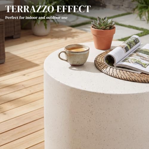 HOMCOM Outdoor Side Table Round Small End Table Concrete Finish Cream White - Image 4