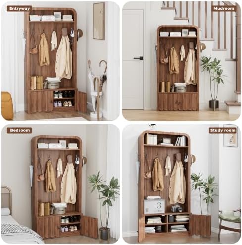 Narrow Hall Tree with Bench and Shoe Storage, Arched Mudroom Bench with Storage - Image 6