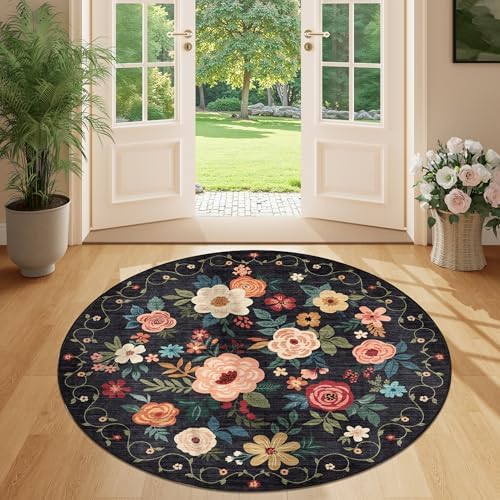 DUKINO 4ft Round Rug, Floral Washable Small Round Area Rug Non Slip - Image 3