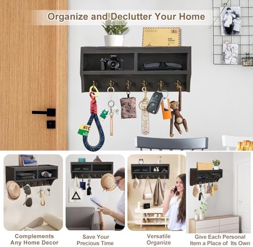 Key Holder Wall Mount with Mail Organizer, 6 Hooks & Shelf - Image 2