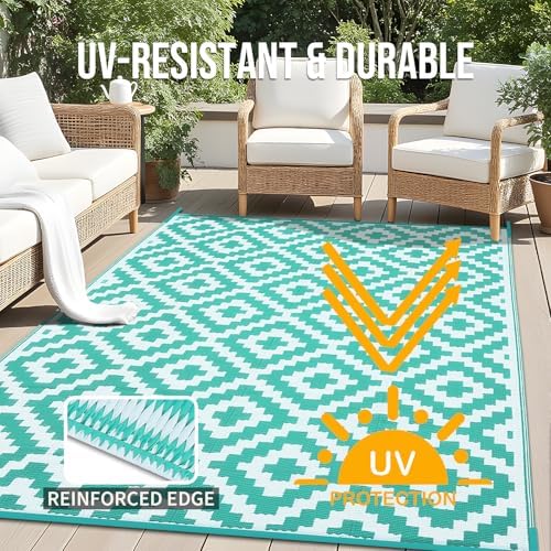 OLANLY Outdoor Rug 6x9 ft Waterproof Reversible Mat, Turquoise & White - Image 4