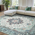 RELEANY Washable Area Rug, Teal Green/White/Navy by RELEANY