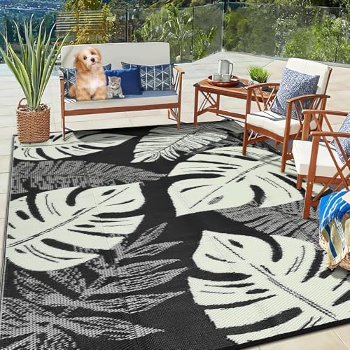 Waterproof 8x10 Outdoor Rug for Patio Reversible Plastic Straw Rug Tropical by GLOWSOL