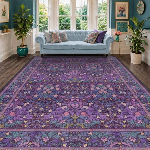 Machine Washable Dark Plum Purple Area Rug 8x10 Vintage Botanical Pattern - Image 6