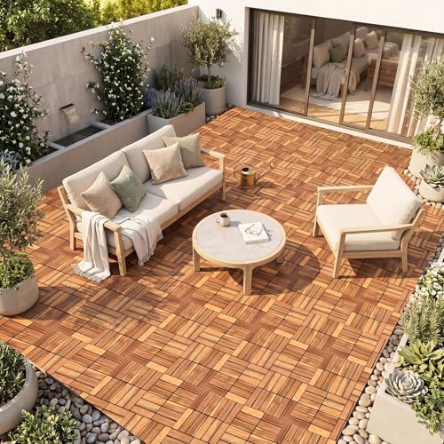 GIANTEX 54 PCS Acacia Wood Deck Tiles, Interlocking Patio Flooring Tiles - Image 3