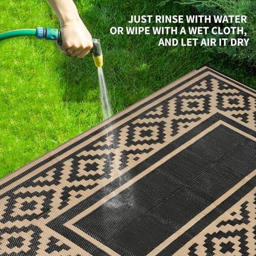 Kalafun Outdoor Patio Plastic Straw Rug, 6x9 ft, Stripe Black Brown - Image 3
