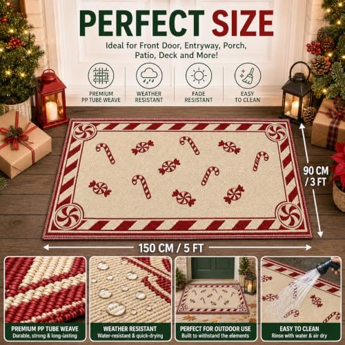 3x5 Ft Candy Cane Christmas Reversible Plastic Straw Outdoor Rug - Image 2