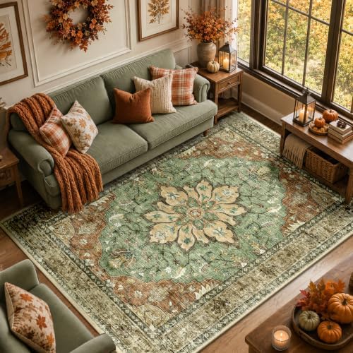RELEANY Washable Area Rug, Brick/Brown/Green by RELEANY