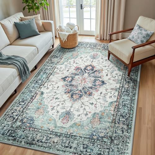 RELEANY Washable Area Rug, Teal Green/White/Navy by RELEANY