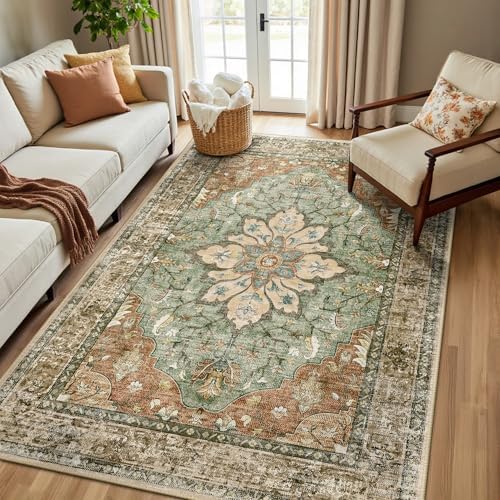 RELEANY Washable Area Rug, Brick/Brown/Green by RELEANY