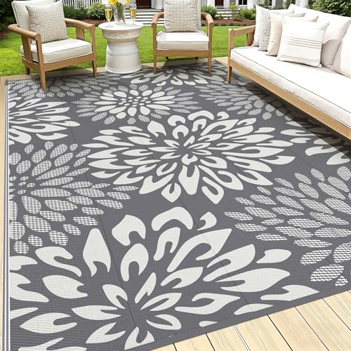 HEBE Waterproof Outdoor Rug 9'x12', Floral Reversible Plastic Patio Rug by HEBE