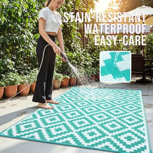 OLANLY Outdoor Rug 6x9 ft Waterproof Reversible Mat, Turquoise & White - Image 3