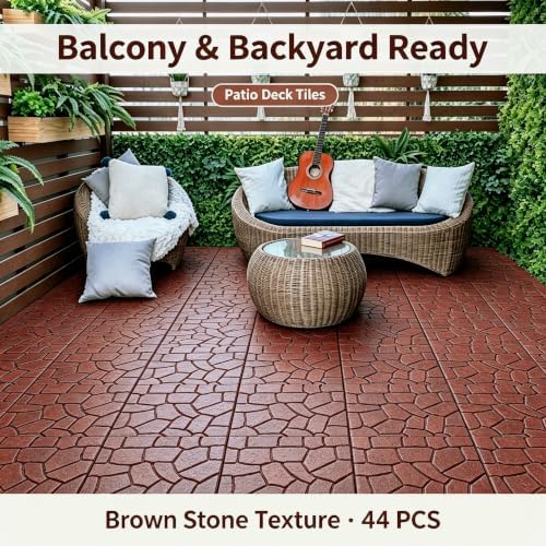 44 Pack Brown Stone Texture Interlocking Deck Tiles, 12x12 Waterproof Weather - Image 2