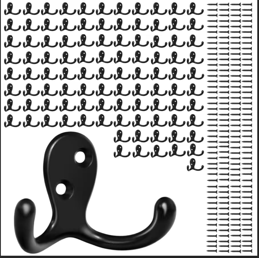 Homanu 100 Pack Black Coat Hooks Wall Mounted Double Prong by Homanu