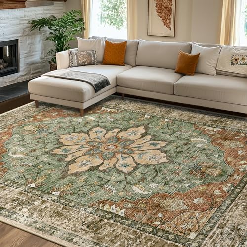 RELEANY Washable Area Rug, Brick/Brown/Green by RELEANY