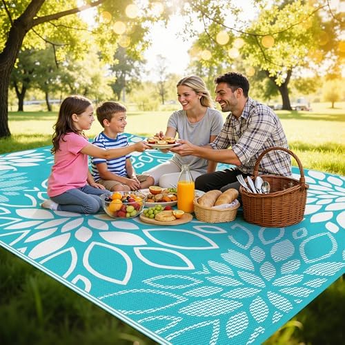 HEBE Waterproof Outdoor Rug 9'x12', Floral Reversible Plastic Patio Rug - Image 3