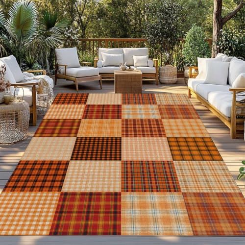 Outdoor Rug, Fall Orange Plaid Gingham Check Indoor Area Rug Outdoor Carpet RV - Image 3