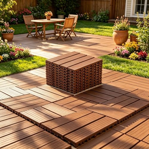 44 Pack Brown 12x12 PP Plastic Interlocking Deck Tiles, Waterproof Indoor by JIATULUNVO