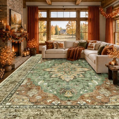RELEANY Washable Area Rug, Brick/Brown/Green - Image 2