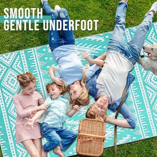 OLANLY Outdoor Rug 5x8 ft Waterproof Reversible Boho Mat, Turquoise & White - Image 5