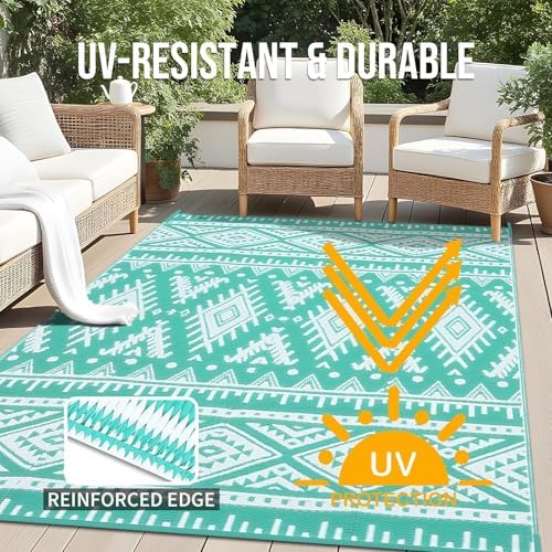 OLANLY Outdoor Rug 9x18 ft Waterproof Reversible Mat, Turquoise & White - Image 4