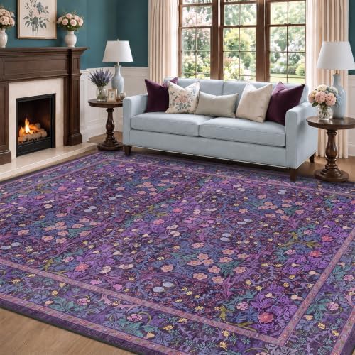 Machine Washable Dark Plum Purple Area Rug 8x10 Vintage Botanical Pattern by HazoHaus