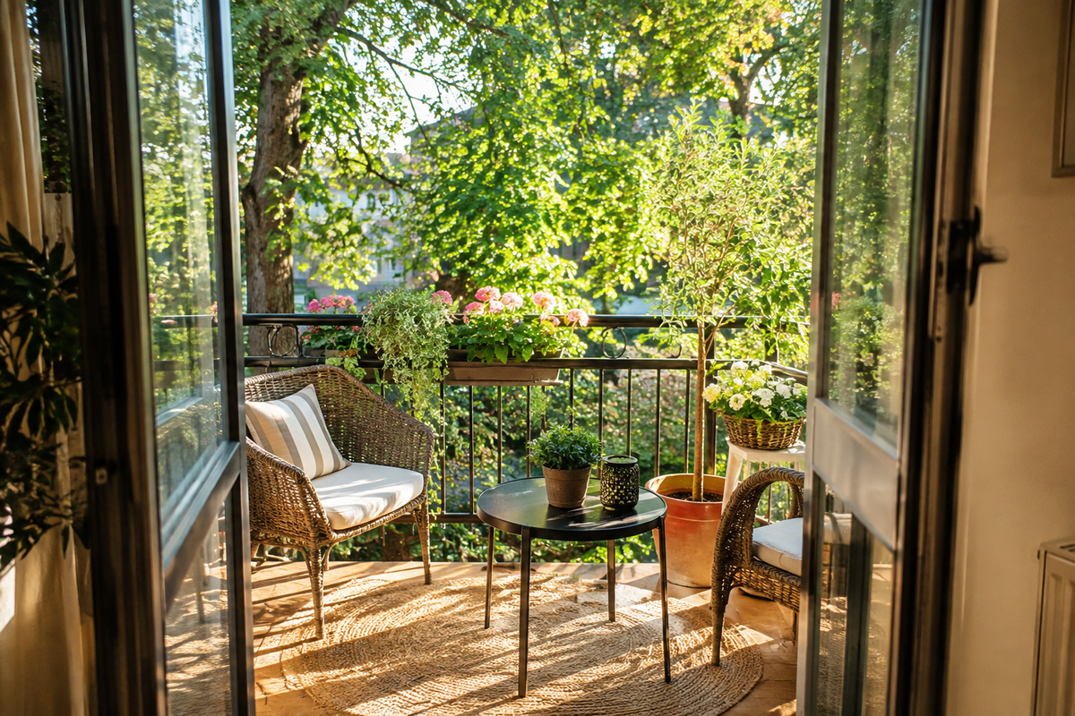 Cozy apartment balcony at sunset with outdoor rugs and string lights